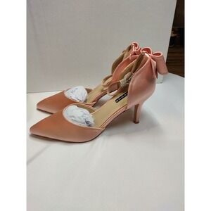 Erijunor Women Peach Pink Satin Pointed Toe D'Orsay Bow Ankle Strap Pumps 8.5